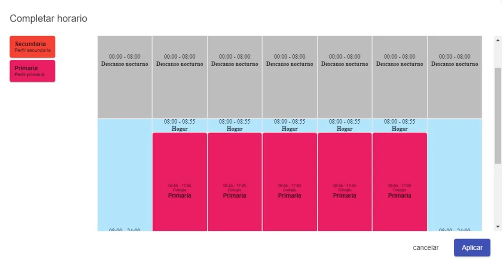 Horario semanal en el Dashboard con tramos de descanso nocturno, hogar y colegio