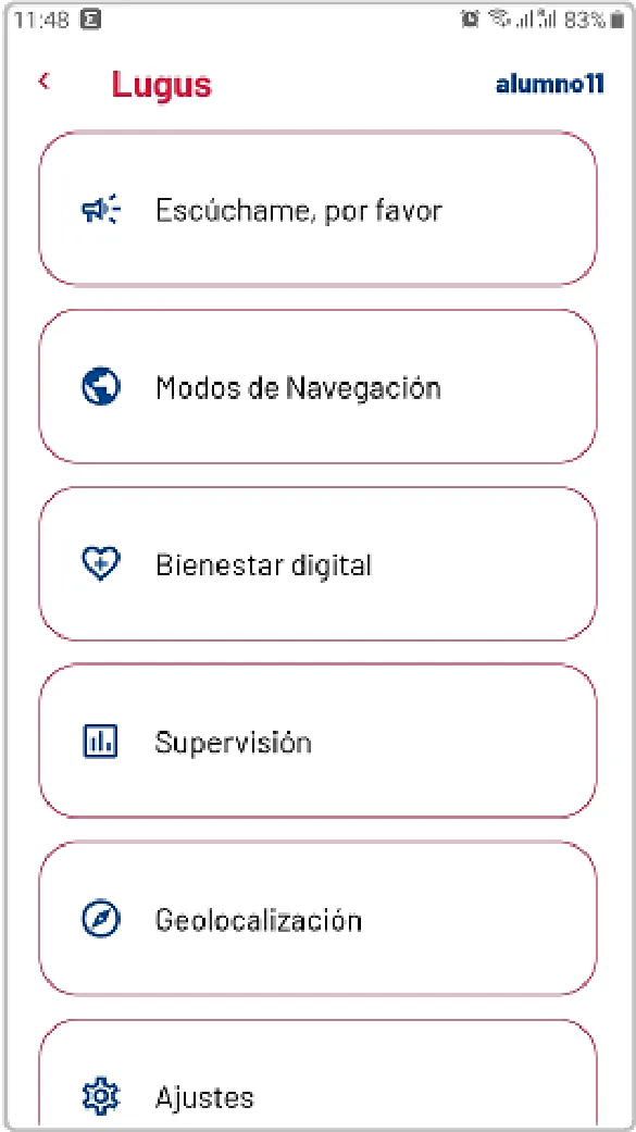 Menú de la app Lugus Parental Interaction